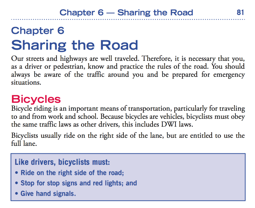 In North Carolina, bicyclists are allowed to use the full lane. North Carolina’s Driver Handbook explains it most clearly (Chapter 6, Page 81): Bicyclists usually ride on the right side of the lane, but are entitled to use the full lane.